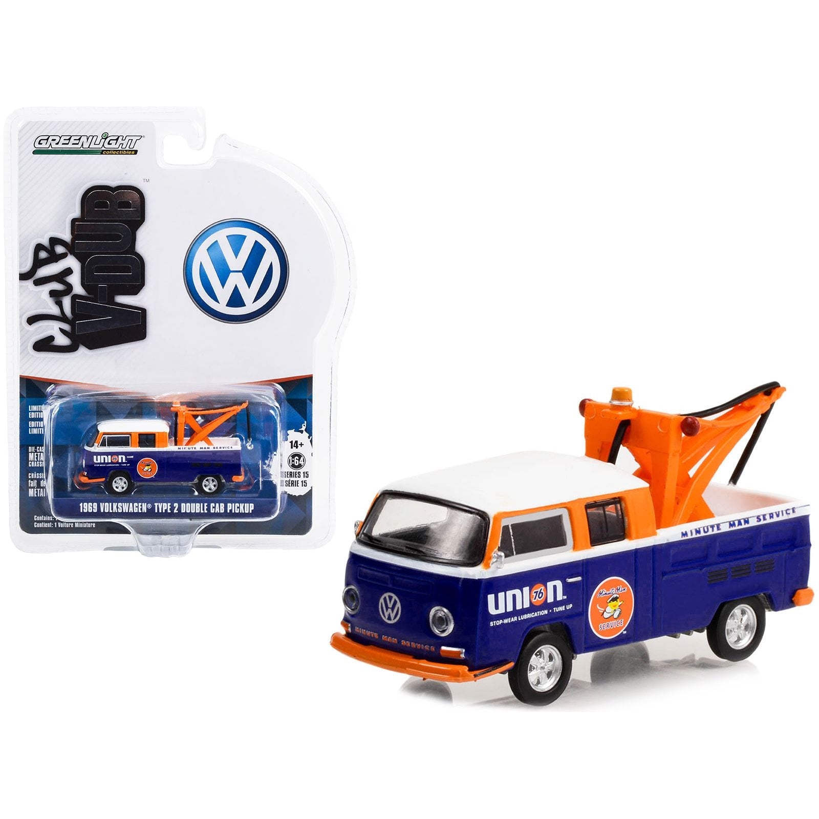 1969 Volkswagen Double Cab Pickup Tow Truck Blue and White "Union 76 Minute Man Service" "Club Vee V - Dub" Series 15 1/64 Diecast Model Car by Greenlight - Greenlight - ModelCars.com
