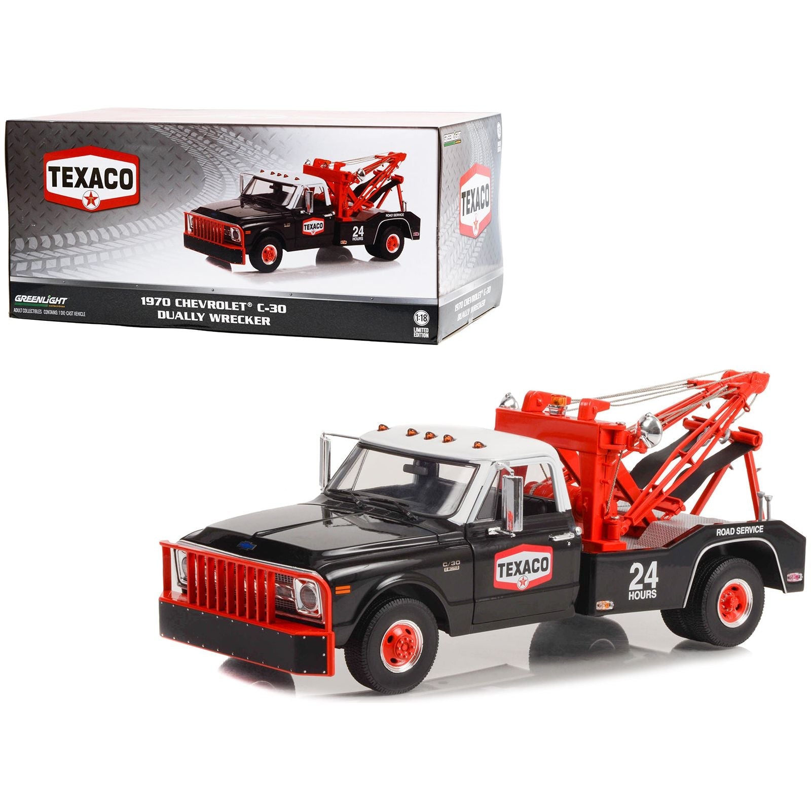 1970 Chevrolet C - 30 Dually Wrecker Tow Truck "Texaco 24 Hour Road Service" Black with White Top 1/18 Diecast Model Car by Greenlight - Greenlight - ModelCars.com