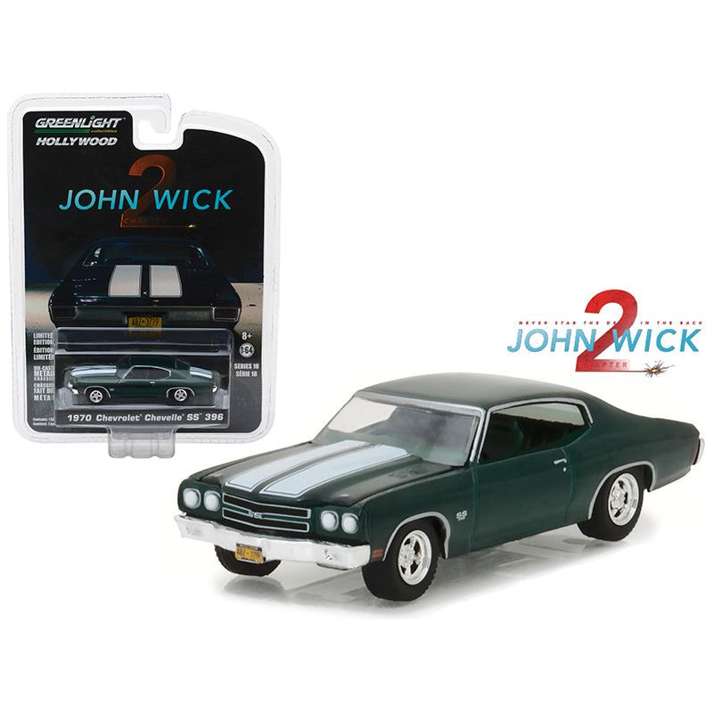 1970 Chevrolet Chevelle SS 396 Green with White Stripes "John Wick: Chapter 2" (2017) Movie "Hollywood Series" Release 18 1/64 Diecast Model Car by Greenlight-Greenlight-ModelCars.com