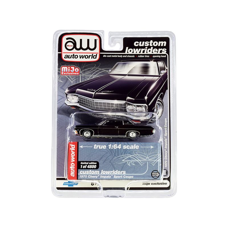1970 Chevrolet Impala Sport Coupe Black "Custom Lowriders" Limited Edition to 4800 pieces Worldwide 1/64 Diecast Model Car by Auto World-Autoworld-ModelCars.com