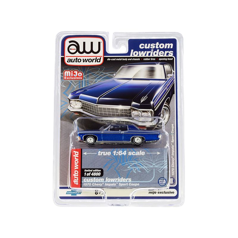 1970 Chevrolet Impala Sport Coupe Blue Metallic "Custom Lowriders" Limited Edition to 4800 pieces Worldwide 1/64 Diecast Model Car by Auto World - Autoworld - ModelCars.com