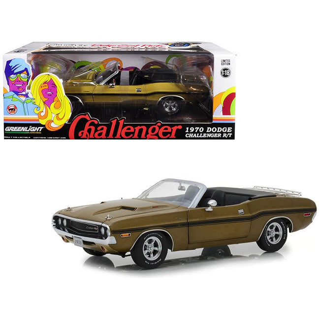1970 Dodge Challenger R/T Convertible with Luggage Rack Metallic Gold with Black Stripes 1/18 Diecast Model Car by Greenlight - Greenlight - ModelCars.com