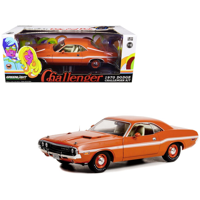 1970 Dodge Challenger R/T Go Mango Orange with White Stripes 1/18 Diecast Model Car by Greenlight - Greenlight - ModelCars.com