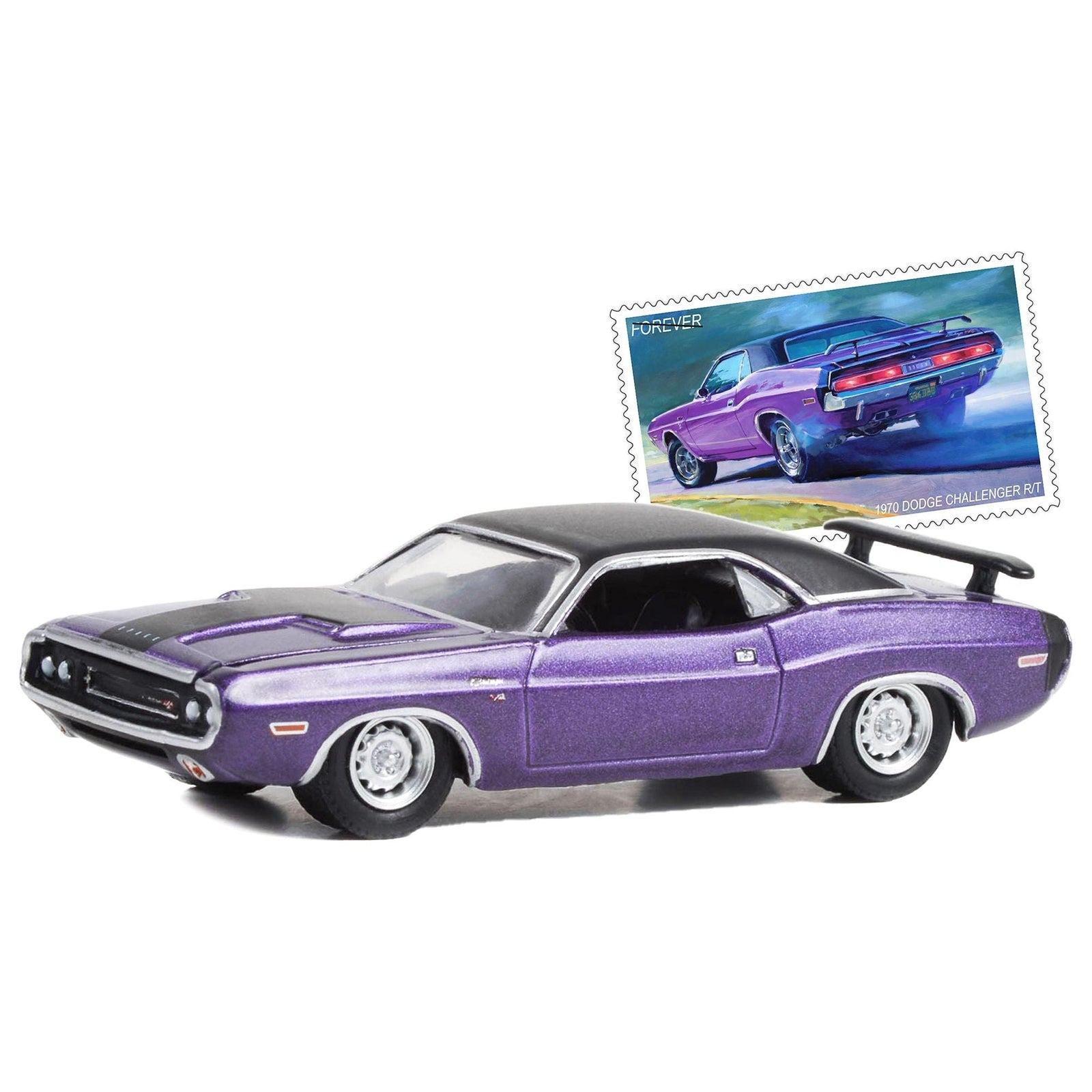 1970 Dodge Challenger R/T Purple Metallic with Matt Black Top USPS (United States Postal Service) "2022 Pony Car Stamp Collection by Artist Tom Fritz" "Hobby Exclusive" Series 1/64 Diecast Model Car by Greenlight - Greenlight - ModelCars.com