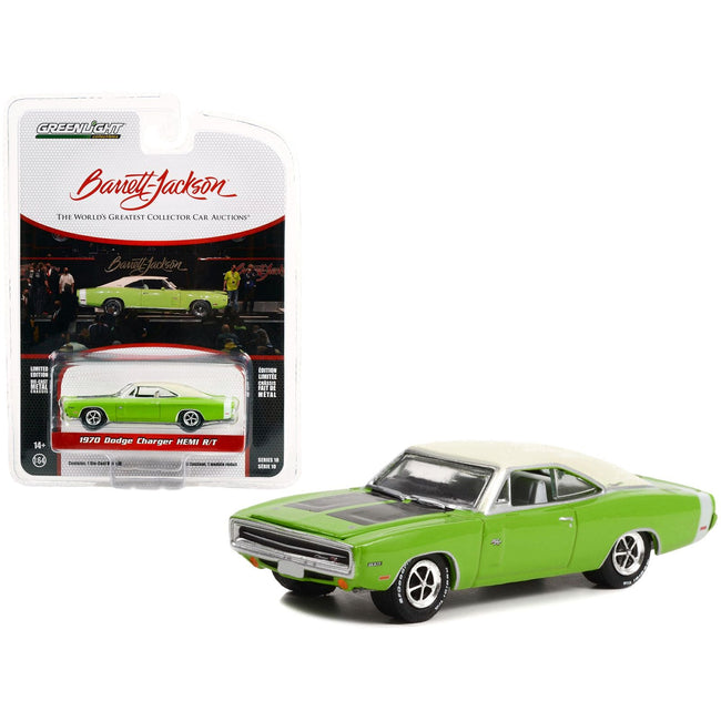 1970 Dodge Charger HEMI R/T Sublime Green with White Roof and White Tail Stripe (Lot 777) Barrett - Jackson 'Scottsdale Edition' Series 10 1/64 Diecast Model Car by Greenlight - Greenlight - ModelCars.com