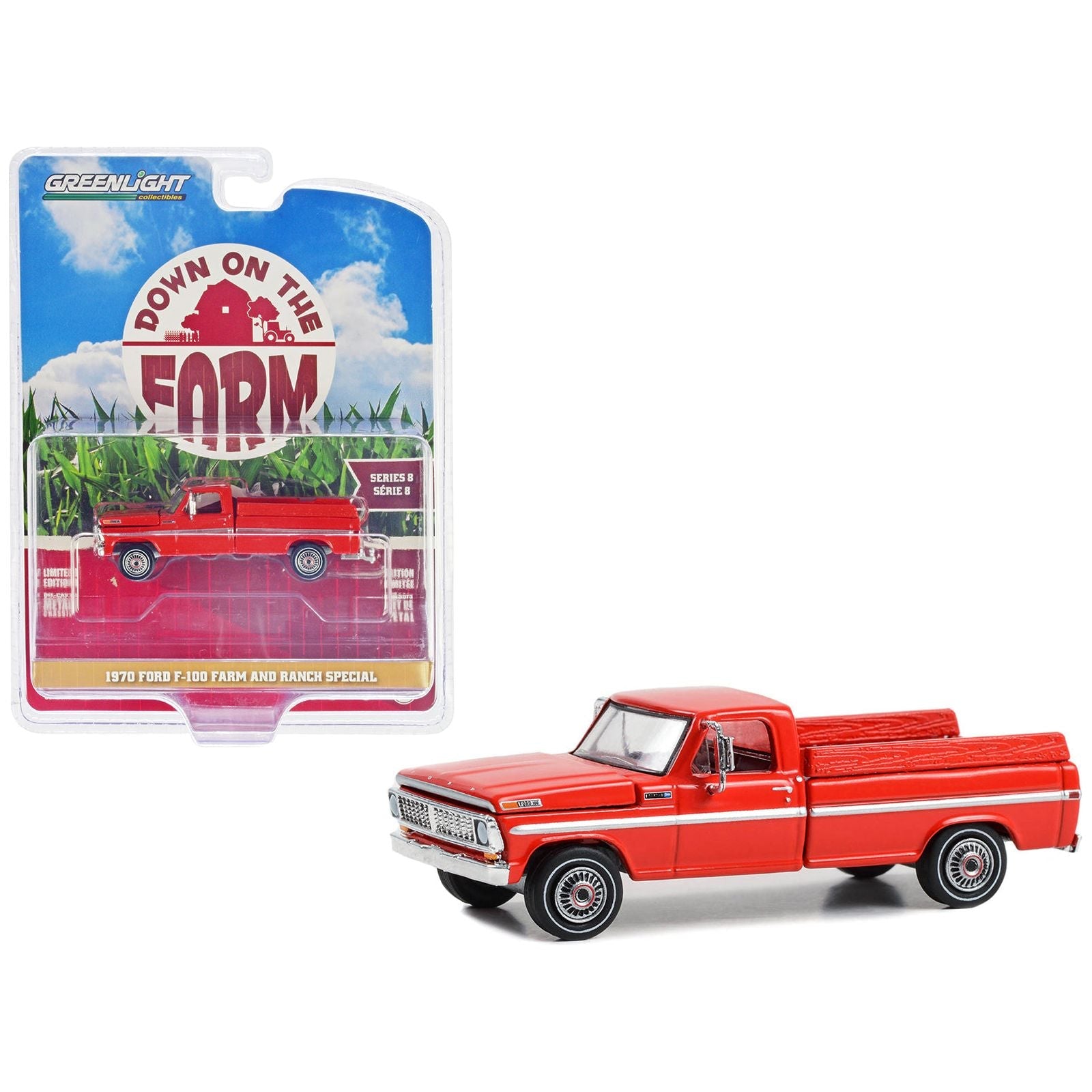 1970 Ford F - 100 Pickup Truck "Farm and Ranch Special" Candy Apple Red with Side Cargo Boards "Down on the Farm" Series 8 1/64 Diecast Model by Greenlight - Greenlight - ModelCars.com