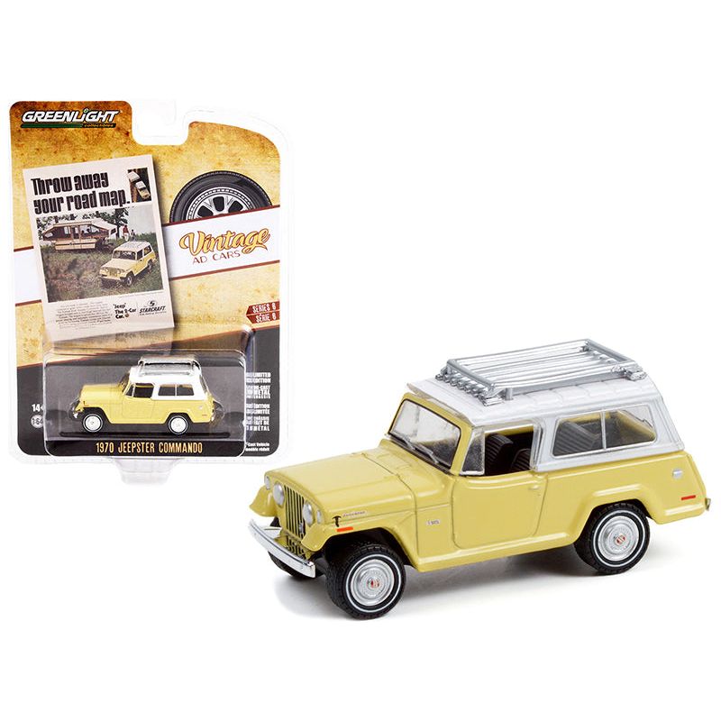 1970 Jeep Jeepster Commando with Roof Rack Yellow with White Top "Throw Away Your Road Map" "Vintage Ad Cars" Series 6 1/64 Diecast Model Car by Greenlight - Greenlight - ModelCars.com