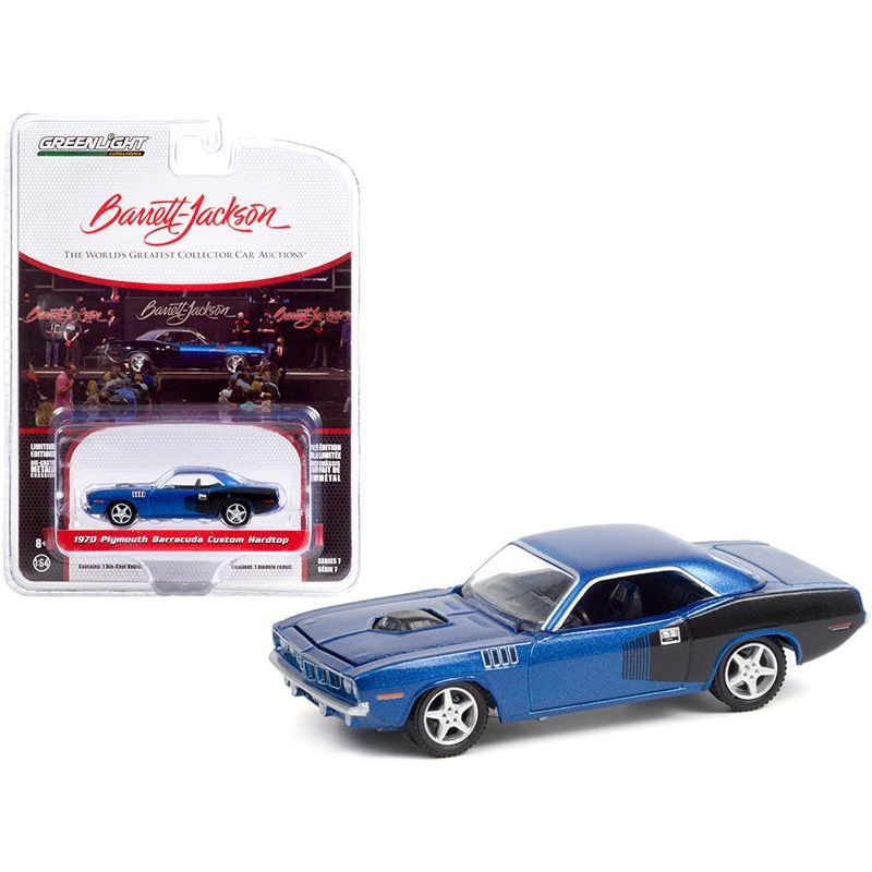 1970 Plymouth Barracuda Custom Hardtop Blue Metallic and Black with Modern HEMI Lettering (Lot 720) Barrett Jackson "Scottsdale Edition" Series 7 1/64 Diecast Model Car by Greenlight - Greenlight - ModelCars.com