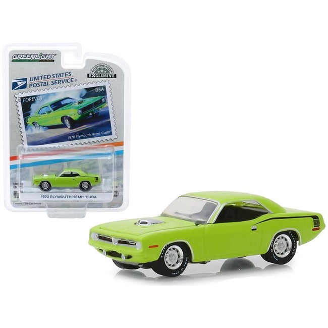 1970 Plymouth HEMI 'Cuda Lime Green "USPS Stamps" (2013) (United States Postal Service) "America on the Move: Muscle Cars" "Hobby Exclusive" 1/64 Diecast Model Car by Greenlight - Greenlight - ModelCars.com