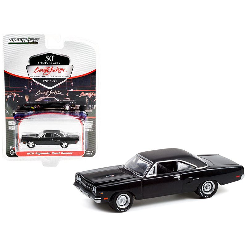 1970 Plymouth Road Runner Gloss Black with Black Vinyl Top and Matt Black Hood Stripes (Lot 970.1) Barrett Jackson "Scottsdale Edition" Series 8 1/64 Diecast Model Car by Greenlight - Greenlight - ModelCars.com
