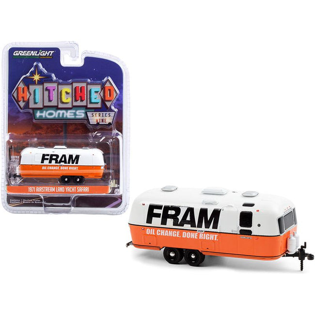 1971 Airstream Land Yacht Safari Travel Trailer White and Orange "FRAM Oil Filters" "Hitched Homes" Series 9 1/64 Diecast Model by Greenlight - Greenlight - ModelCars.com