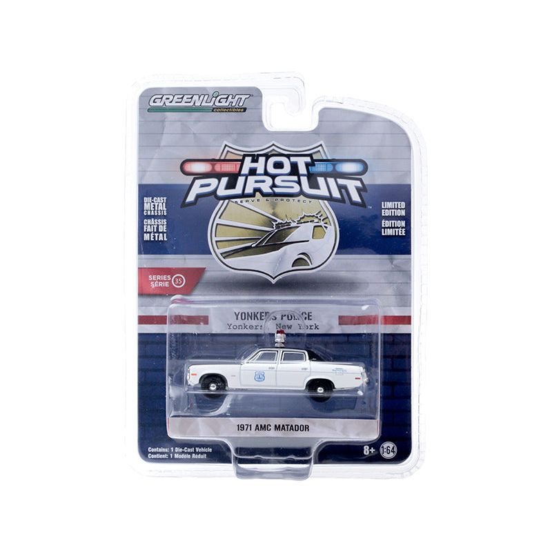 1971 AMC Matador "Yonkers Police" (New York) White and Black "Hot Pursuit" Series 35 1/64 Diecast Model Car by Greenlight - Greenlight - ModelCars.com