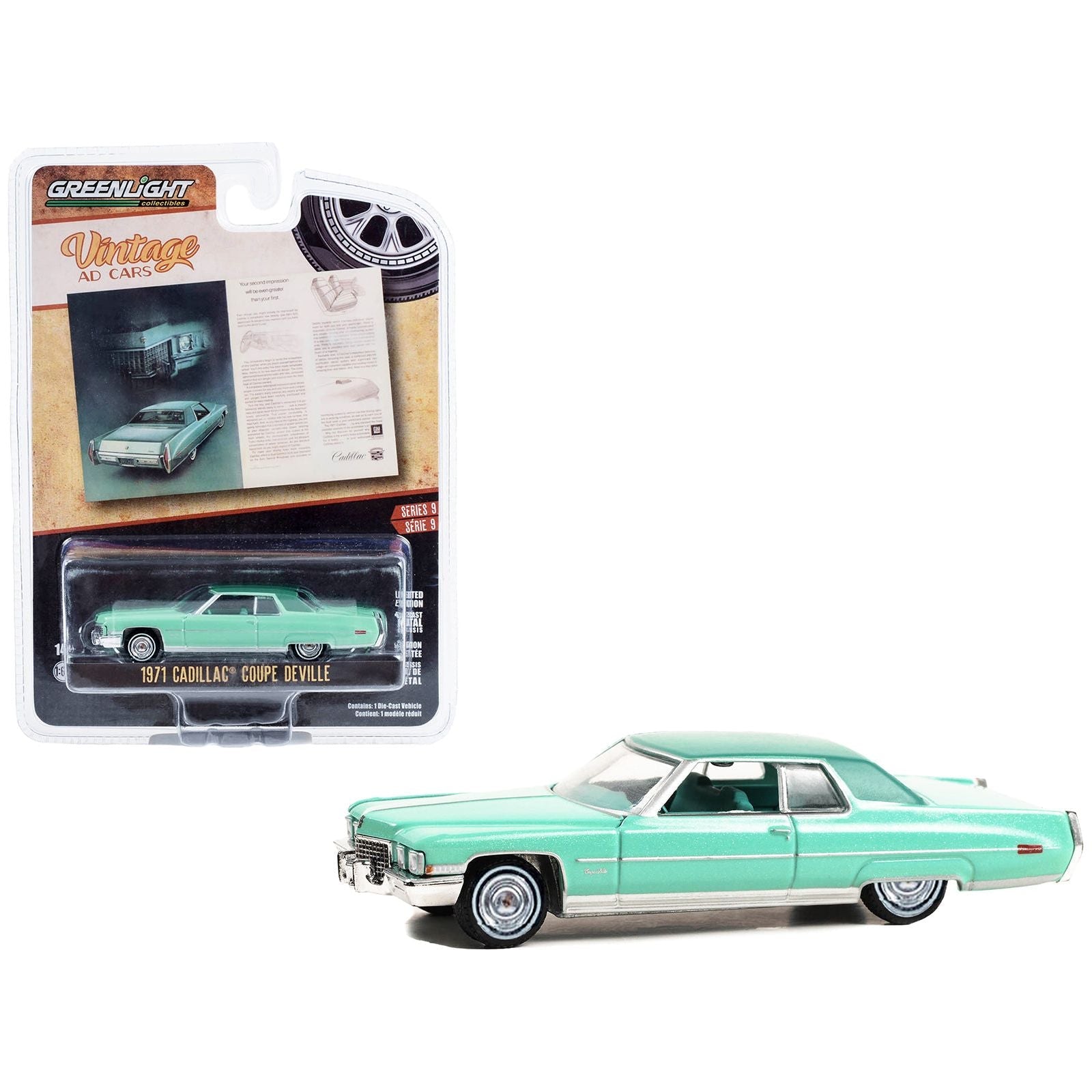 1971 Cadillac Coupe deVille Light Green Metallic with Green Interior "Your Second Impression Will Be Even Greater Than Your First" "Vintage Ad Cars" Series 9 1/64 Diecast Model Car by Greenlight - Greenlight - ModelCars.com