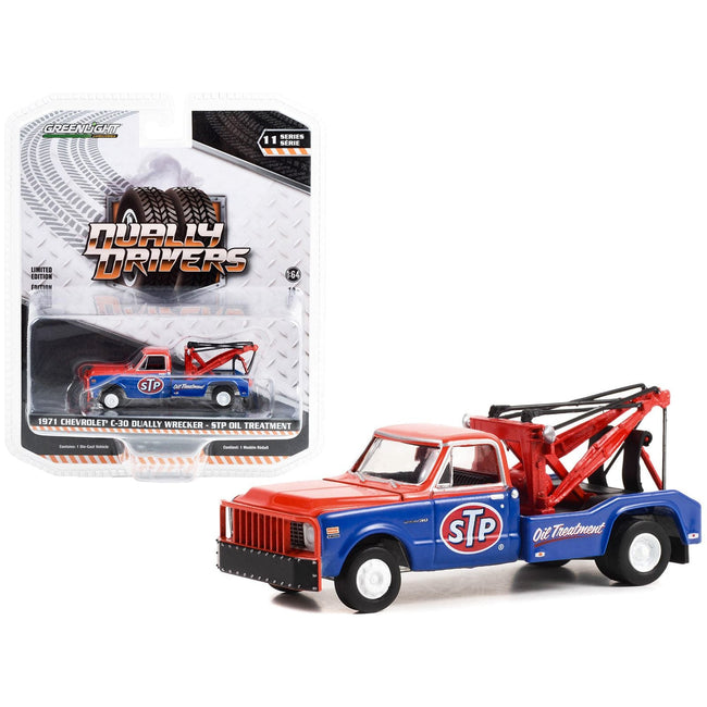 1971 Chevrolet C - 30 Dually Wrecker Tow Truck "STP Oil Treatment" Red and Blue "Dually Drivers" Series 11 1/64 Diecast Model Car by Greenlight - Greenlight - ModelCars.com