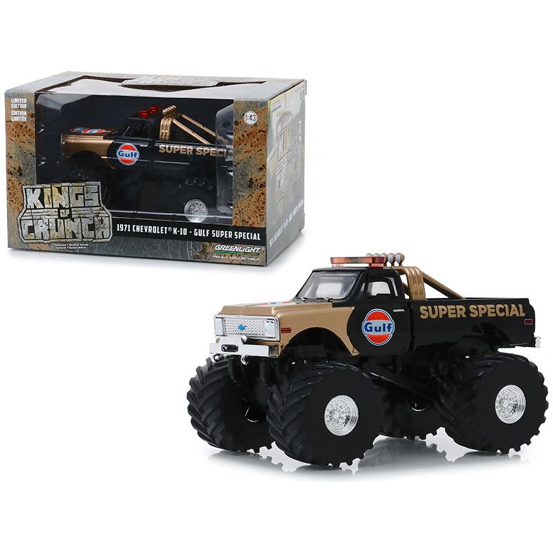 1971 Chevrolet K - 10 Monster Truck "Gulf Super Special" Black and Gold with 66 - Inch Tires "Kings of Crunch" 1/43 Diecast Model Car by Greenlight - Greenlight - ModelCars.com