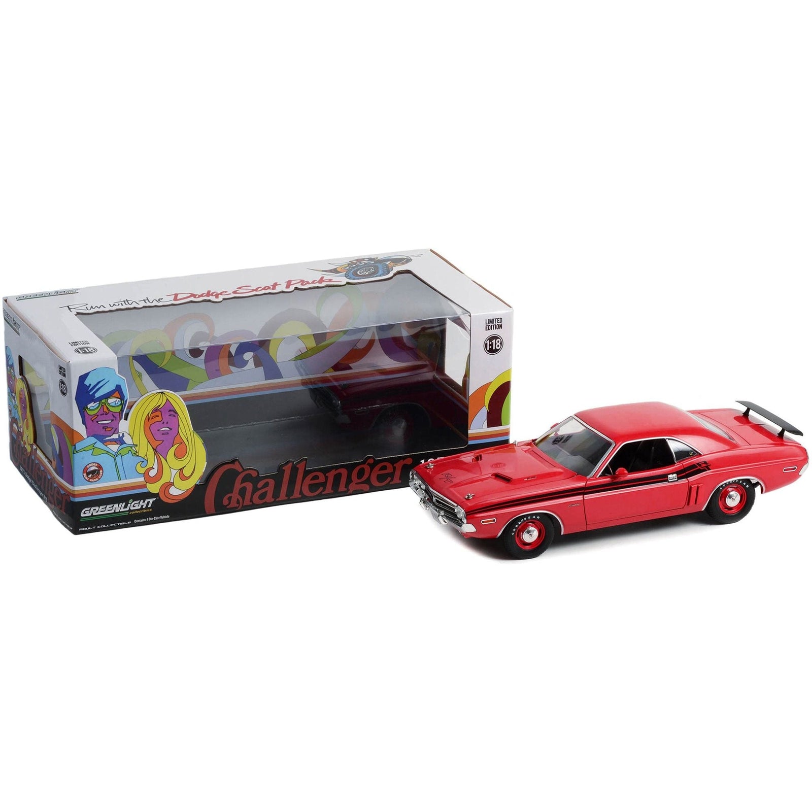 1971 Dodge Challenger R/T Bright Red with Black Stripes 1/18 Diecast Model Car by Greenlight - Greenlight - ModelCars.com