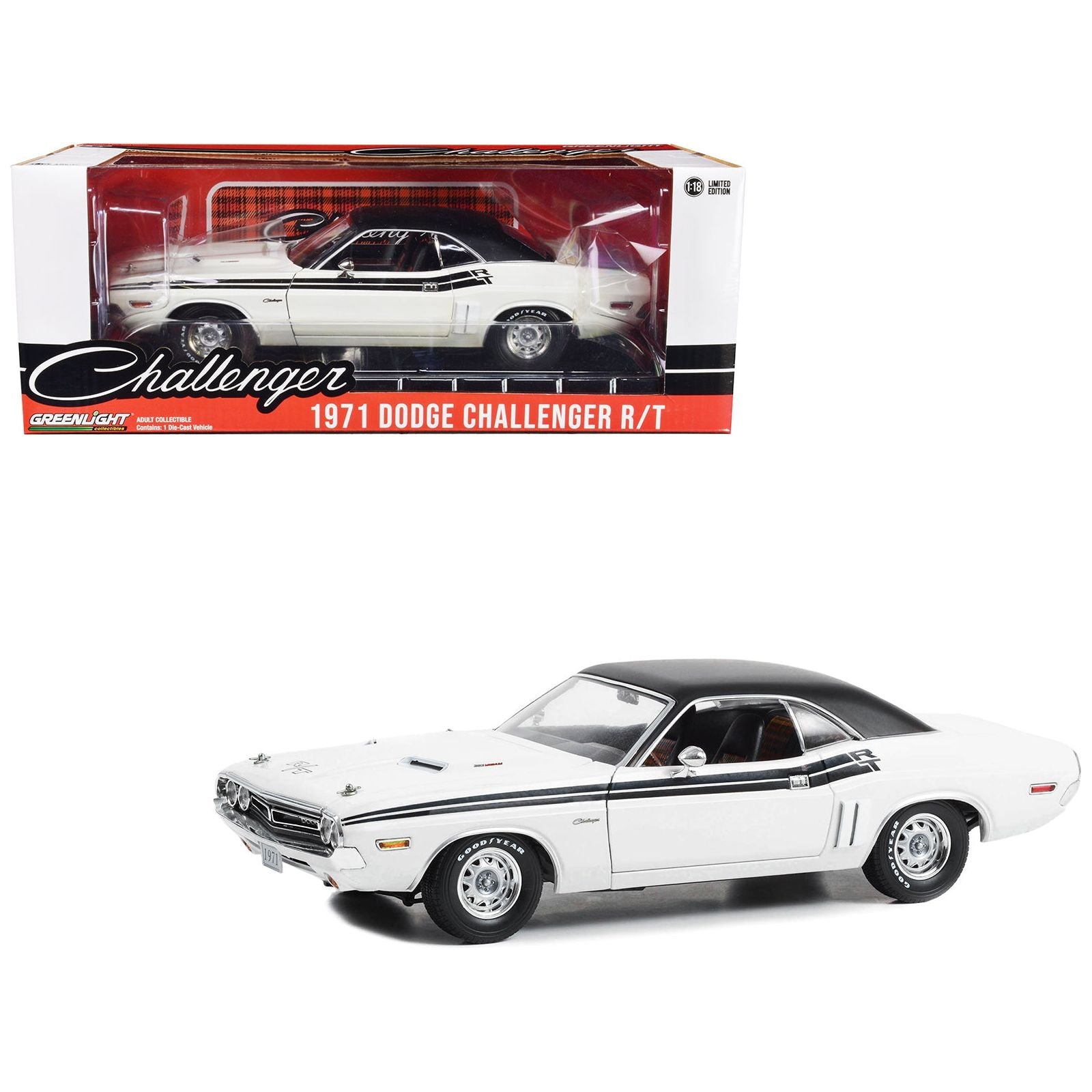 1971 Dodge Challenger R/T Bright White with Black Stripes and Top 1/18 Diecast Model Car by Greenlight - Greenlight - ModelCars.com