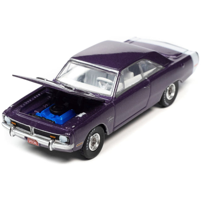 1971 Dodge Dart Swinger 340 Special Plum Crazy Purple Metallic with White Tail Stripe "Vintage Muscle" Limited Edition 1/64 Diecast Model Car by Auto World - Autoworld - ModelCars.com