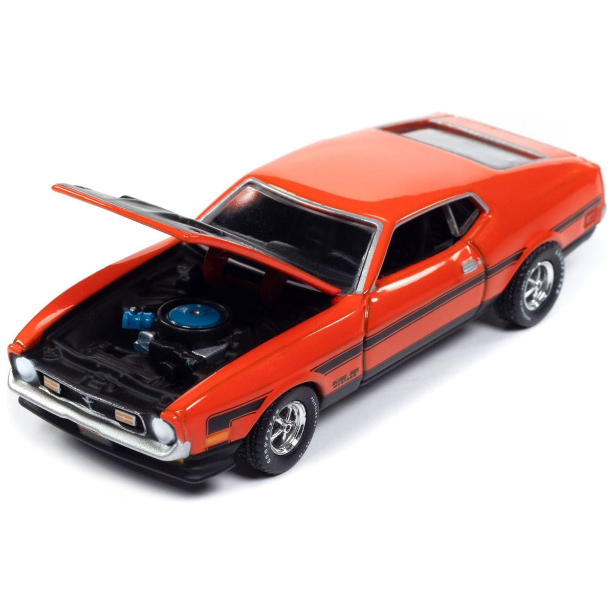 1971 Ford Mustang Boss 351 Calypso Coral Orange with Black Hood and Stripes "Mecum Auctions" Limited Edition to 2496 pieces Worldwide "Premium" Series 1/64 Diecast Model Car by Auto World-Autoworld-ModelCars.com