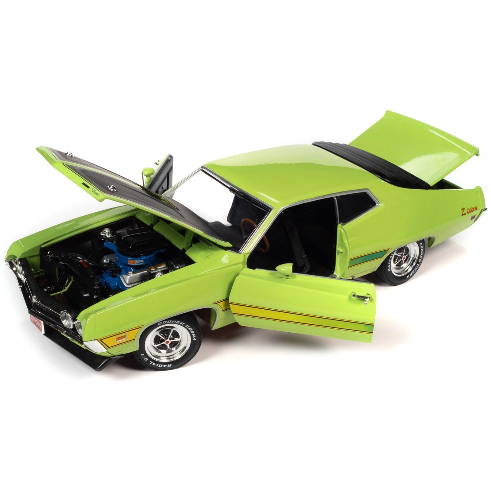 1971 Ford Torino Cobra Grabber Lime Green with Matt Black Hood and Stripes "Class of 1971" Series 1/18 Diecast Model Car by Auto World - Autoworld - ModelCars.com