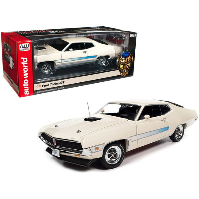 1971 Ford Torino GT Wimbledon White with Blue Laser Stripes "Class of 1971" "American Muscle 30th Anniversary" (1991 - 2021) 1/18 Diecast Model Car by Auto World - Autoworld - ModelCars.com
