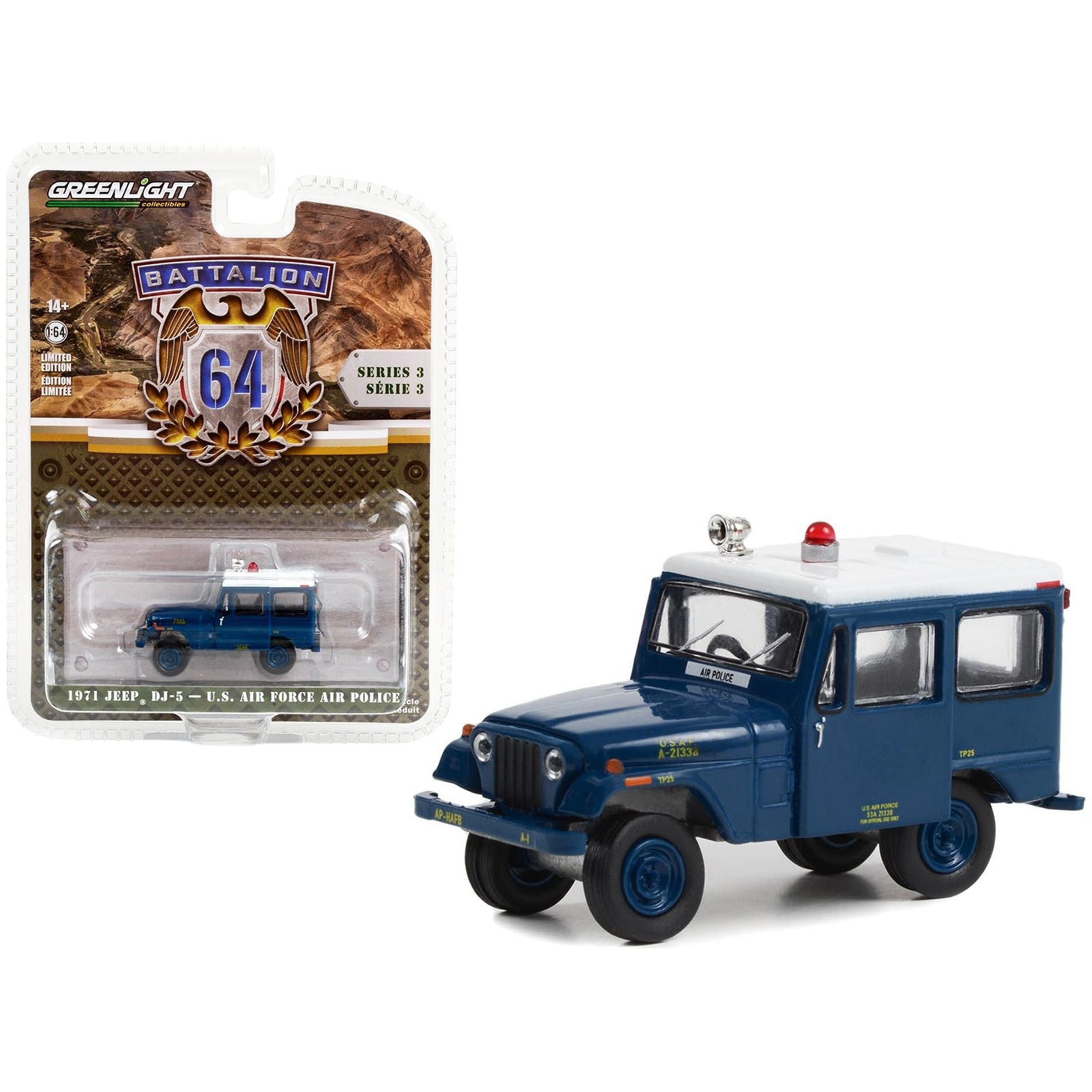 1971 Jeep DJ - 5 "U.S. Air Force Air Police" Blue with White Top "Battalion 64" Series 3 1/64 Diecast Model Car by Greenlight - Greenlight - ModelCars.com