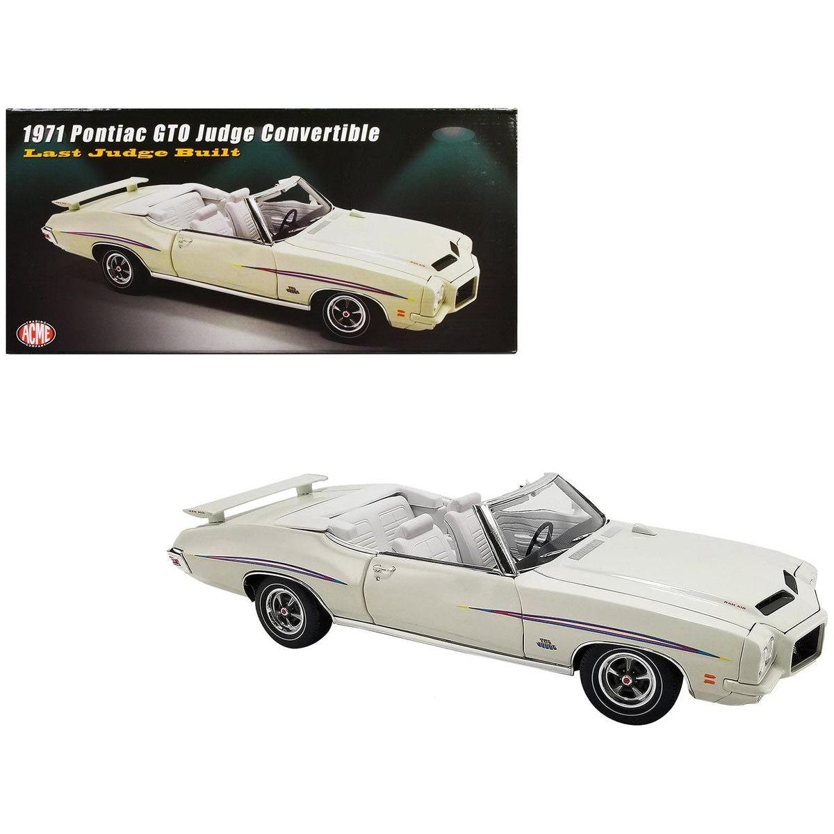 1971 Pontiac GTO Judge Convertible White with Graphics and White Interior "Last Judge Built" Limited Edition to 390 pieces Worldwide 1/18 Diecast Model Car by ACME-Acme-ModelCars.com
