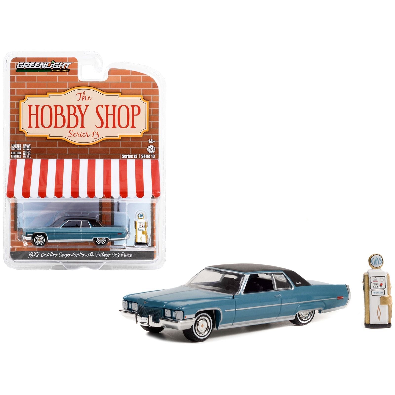 1972 Cadillac Coupe DeVille Blue with Black Top and Vintage Gas Pump "The Hobby Shop" Series 13 1/64 Diecast Model Car by Greenlight - Greenlight - ModelCars.com