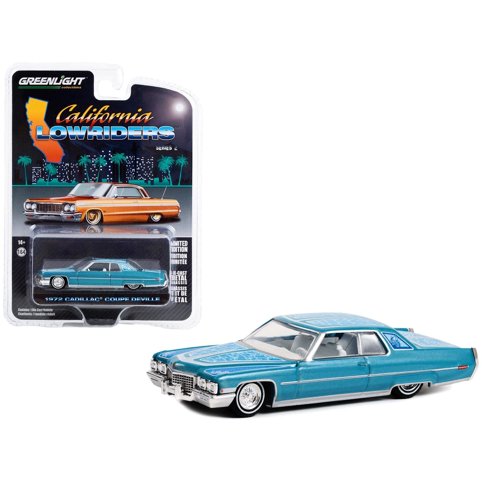 1972 Cadillac Coupe DeVille Custom Light Blue Metallic with White Interior and Graphics "California Lowriders" Series 2 1/64 Diecast Model Car by Greenlight - Greenlight - ModelCars.com