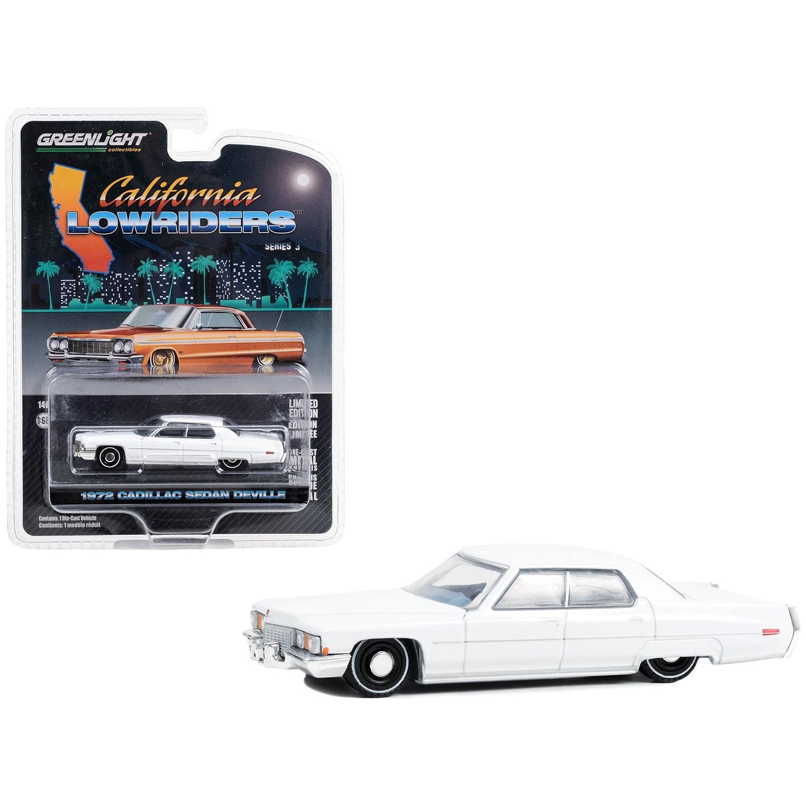 1972 Cadillac Sedan deVille Lowrider Cotillion White with Blue Interior "California Lowriders" Series 3 1/64 Diecast Model Car by Greenlight - Greenlight - ModelCars.com