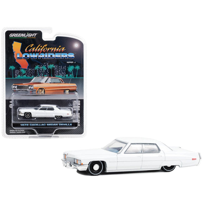 1972 Cadillac Sedan deVille Lowrider Cotillion White with Blue Interior "California Lowriders" Series 3 1/64 Diecast Model Car by Greenlight - Greenlight - ModelCars.com