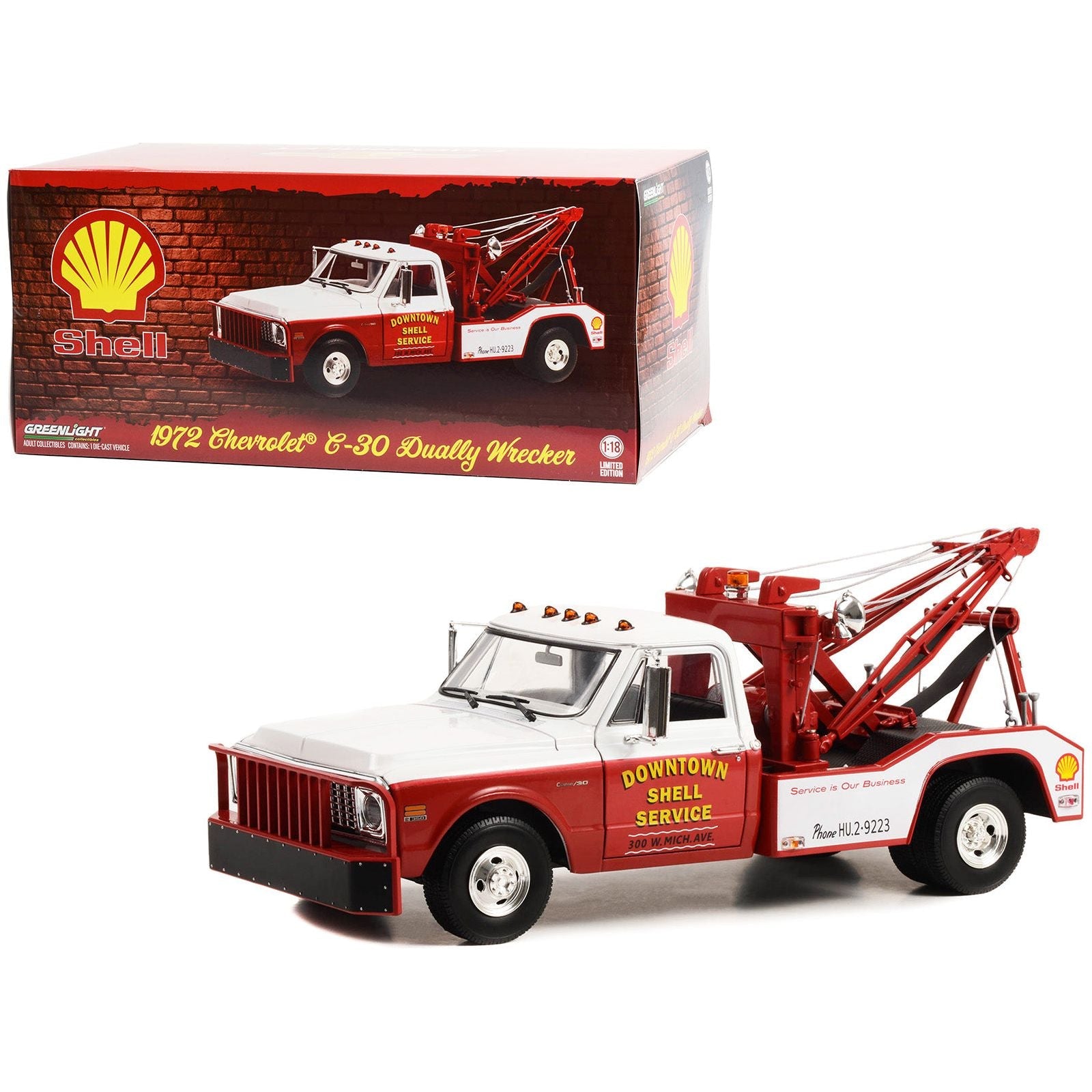 1972 Chevrolet C - 30 Dually Wrecker Tow Truck "Downtown Shell Service - Service is Our Business" White and Red 1/18 Diecast Model Car by Greenlight - Greenlight - ModelCars.com