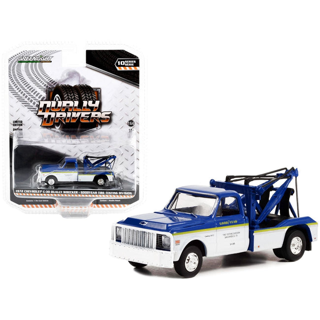 1972 Chevrolet C-30 Dually Wrecker Truck White and Blue with Yellow Stripes "Goodyear Tire Testing Division" "Dually Drivers" Series 10 1/64 Diecast Model Car by Greenlight-Greenlight-ModelCars.com