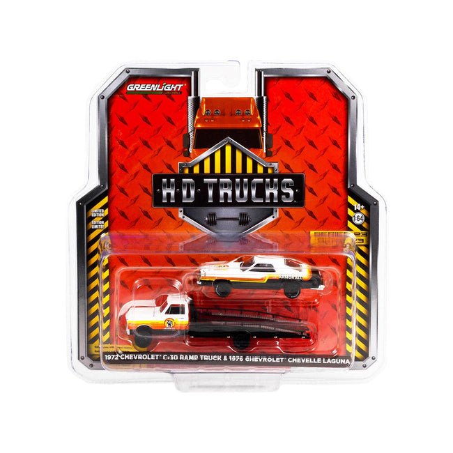 1972 Chevrolet C - 30 Ramp Truck with 1976 Chevrolet Chevelle Laguna Black and White with Stripes "Armor All" "H.D. Trucks" Series 23 1/64 Diecast Model Car by Greenlight - Greenlight - ModelCars.com