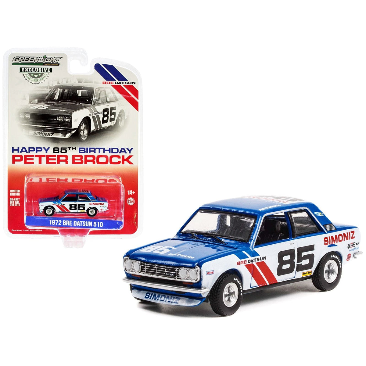 1972 Datsun 510 85 BRE (Brock Racing Enterprises) "Happy 85th Birthday Peter Brock" "Hobby Exclusive" 1/64 Diecast Model Car by Greenlight-Greenlight-ModelCars.com
