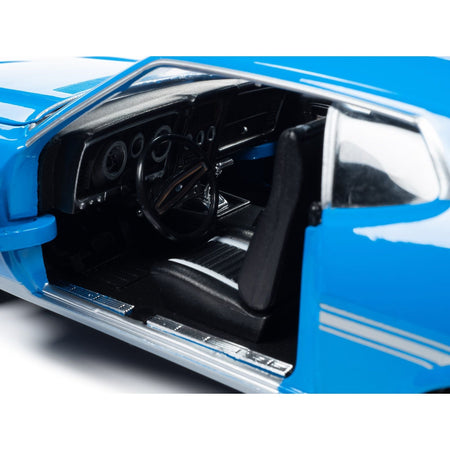1972 Ford Mustang Mach 1 Grabber Blue with Silver Stripes "American Muscle" Series 1/18 Diecast Model Car by Auto World-Autoworld-ModelCars.com