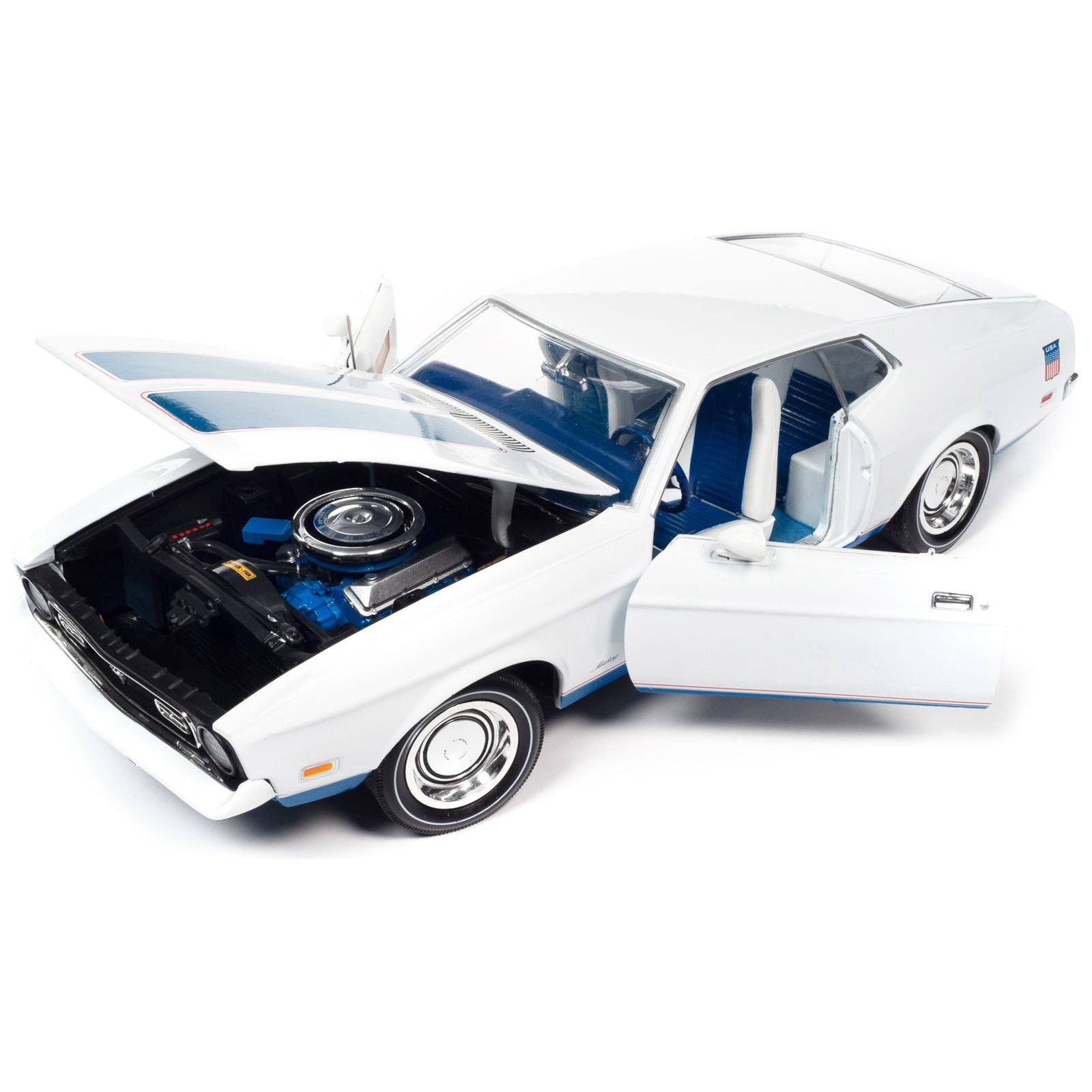 1972 Ford Mustang Sprint White with Blue Stripes "Class of 1972" "American Muscle" Series 1/18 Diecast Model Car by Auto World - Autoworld - ModelCars.com