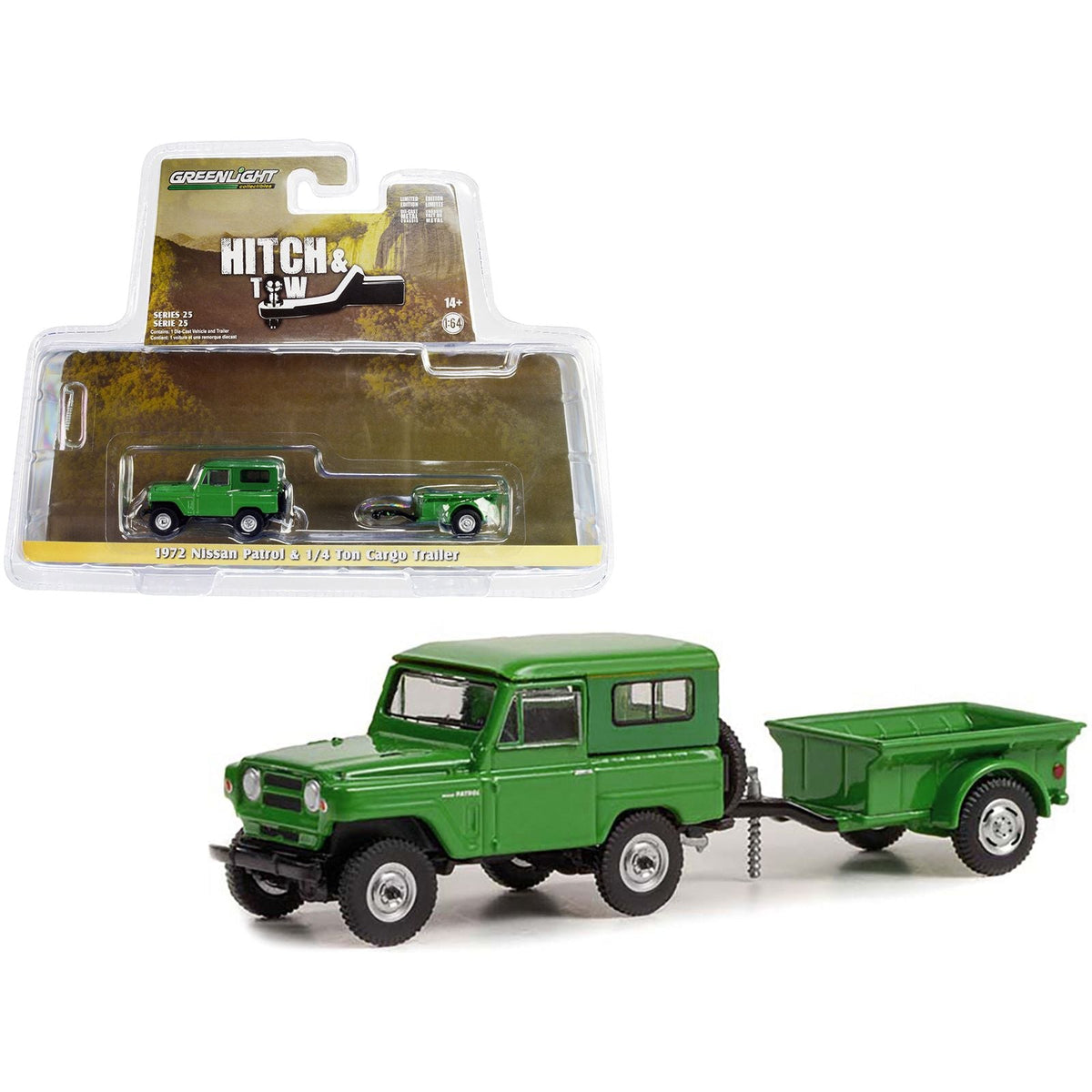 1972 Nissan Patrol Green with 1/4 Ton Cargo Trailer "Hitch & Tow" Series 25 1/64 Diecast Model Car by Greenlight - Greenlight - ModelCars.com