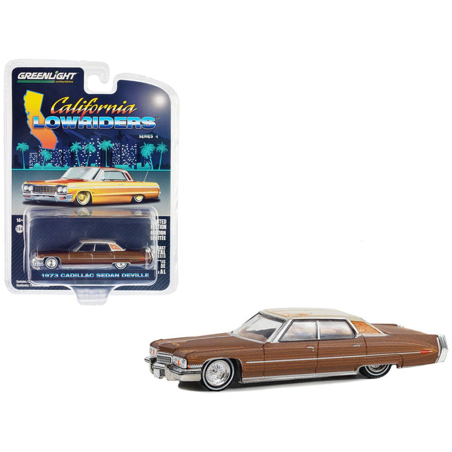 1973 Cadillac Sedan DeVille Dark Brown Metallic with Light Brown Pinstripes and White Top "California Lowriders" Series 4 1/64 Diecast Model Car by Greenlight - Greenlight - ModelCars.com