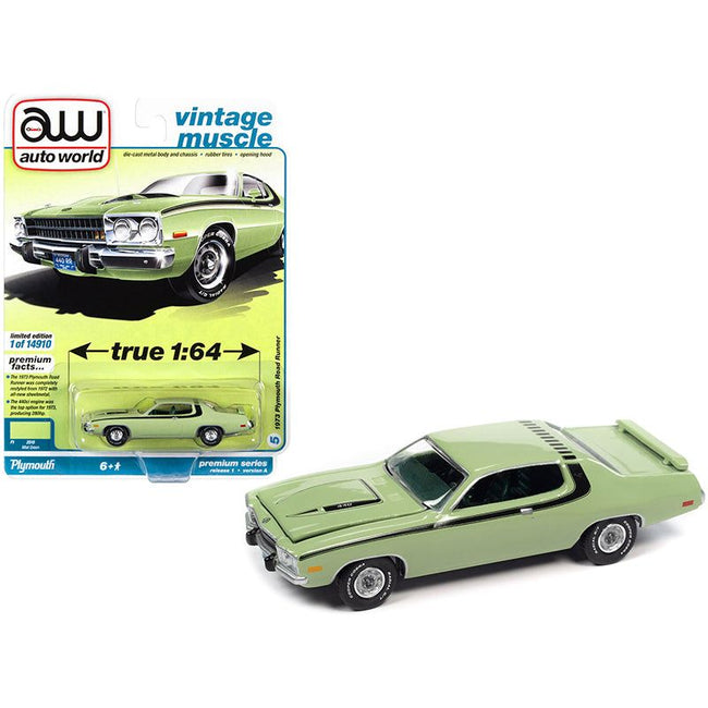 1973 Plymouth Road Runner 440 Mist Green with Black Stripes and Green Interior "Vintage Muscle" Limited Edition to 14910 pieces Worldwide 1/64 Diecast Model Car by Auto World - Autoworld - ModelCars.com