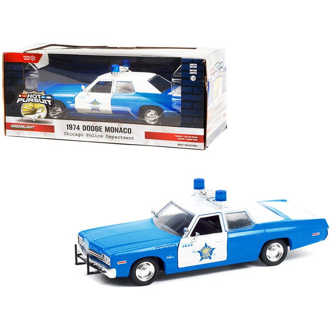 1974 Dodge Monaco Blue and White CPD "Chicago Police Department" (Illinois) "Hot Pursuit" Series 1/24 Diecast Model Car by Greenlight - Greenlight - ModelCars.com