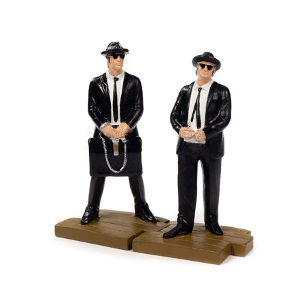 1974 Dodge Monaco "Bluesmobile" with Loud Speaker Black and White (Dirty) with Jake and Elwood Blues Figures "The Blues Brothers" (1980) Movie 1/18 Diecast Model Car by Auto World-Autoworld-ModelCars.com