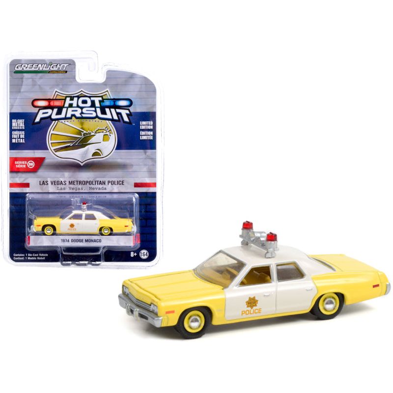 1974 Dodge Monaco Yellow and White "Las Vegas Metropolitan Police Department" (Nevada) "Hot Pursuit" Series 38 1/64 Diecast Model Car by Greenlight - Greenlight - ModelCars.com