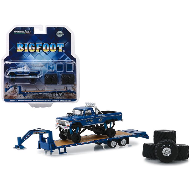 1974 Ford F-250 Monster Truck "Bigfoot 1 The Original Monster Truck (1979)" with Gooseneck Trailer and Regular and Replacement 66" Tires "Hobby Exclusive" 1/64 Diecast Model Car by Greenlight-Greenlight-ModelCars.com