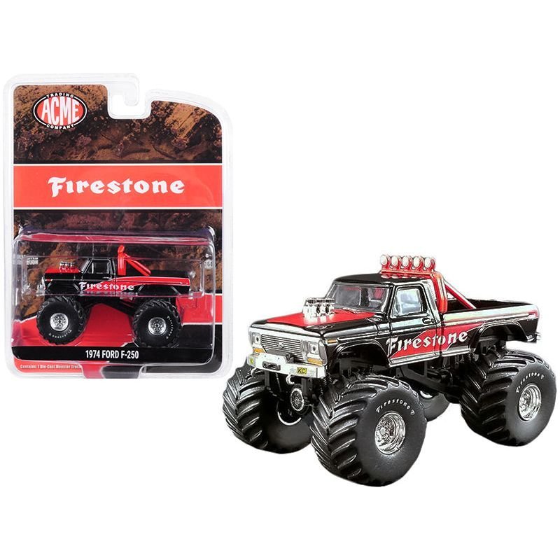 1974 Ford F-250 Monster Truck "Firestone" Black and Red "ACME Exclusive" 1/64 Diecast Model Car by Greenlight for ACME-Greenlight-ModelCars.com