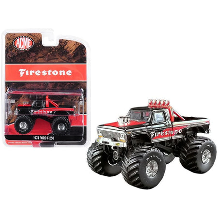 1974 Ford F - 250 Monster Truck "Firestone" Black and Red "ACME Exclusive" 1/64 Diecast Model Car by Greenlight for ACME - Greenlight - ModelCars.com