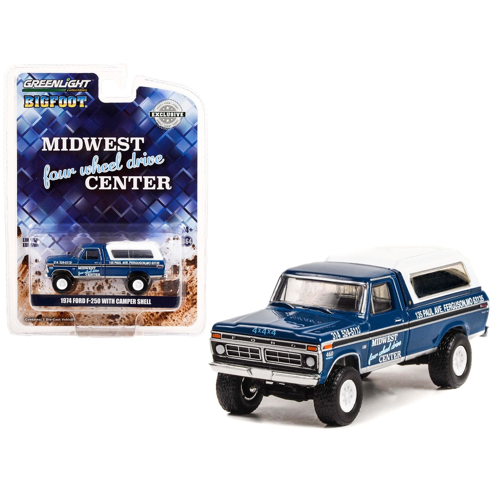 1974 Ford F - 250 Pickup Truck with Camper Shell Blue Metallic with Black Stripes "Bigfoot - Midwest Four Wheel Drive Center" "Hobby Exclusive" 1/64 Diecast Model Car by Greenlight - Greenlight - ModelCars.com
