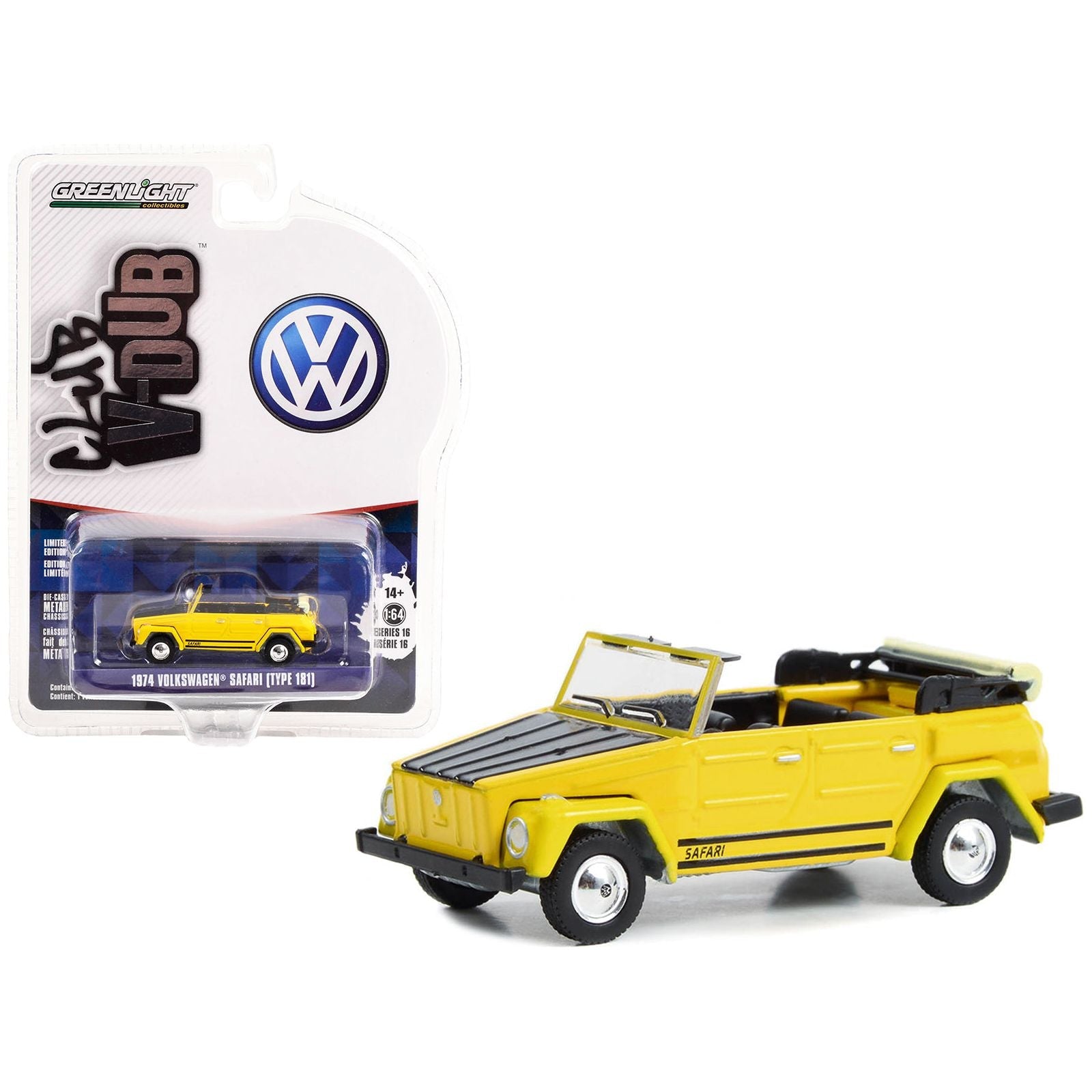 1974 Volkswagen Safari (Type 181) Convertible Yellow with Black Hood "Club Vee V - Dub" Series 16 1/64 Diecast Model Car by Greenlight - Greenlight - ModelCars.com