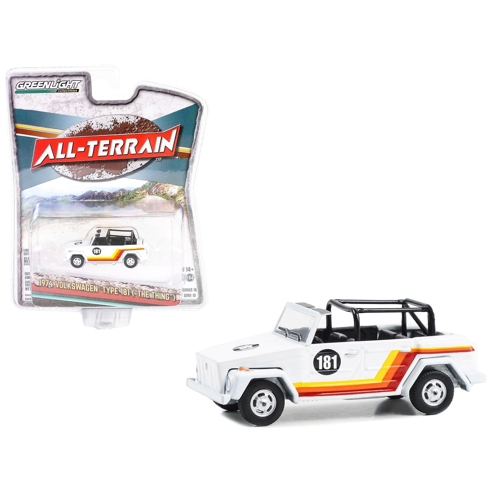 1974 Volkswagen Thing (Type 181) 181 White with Stripes "All Terrain" Series 15 1/64 Diecast Model Car by Greenlight - Greenlight - ModelCars.com