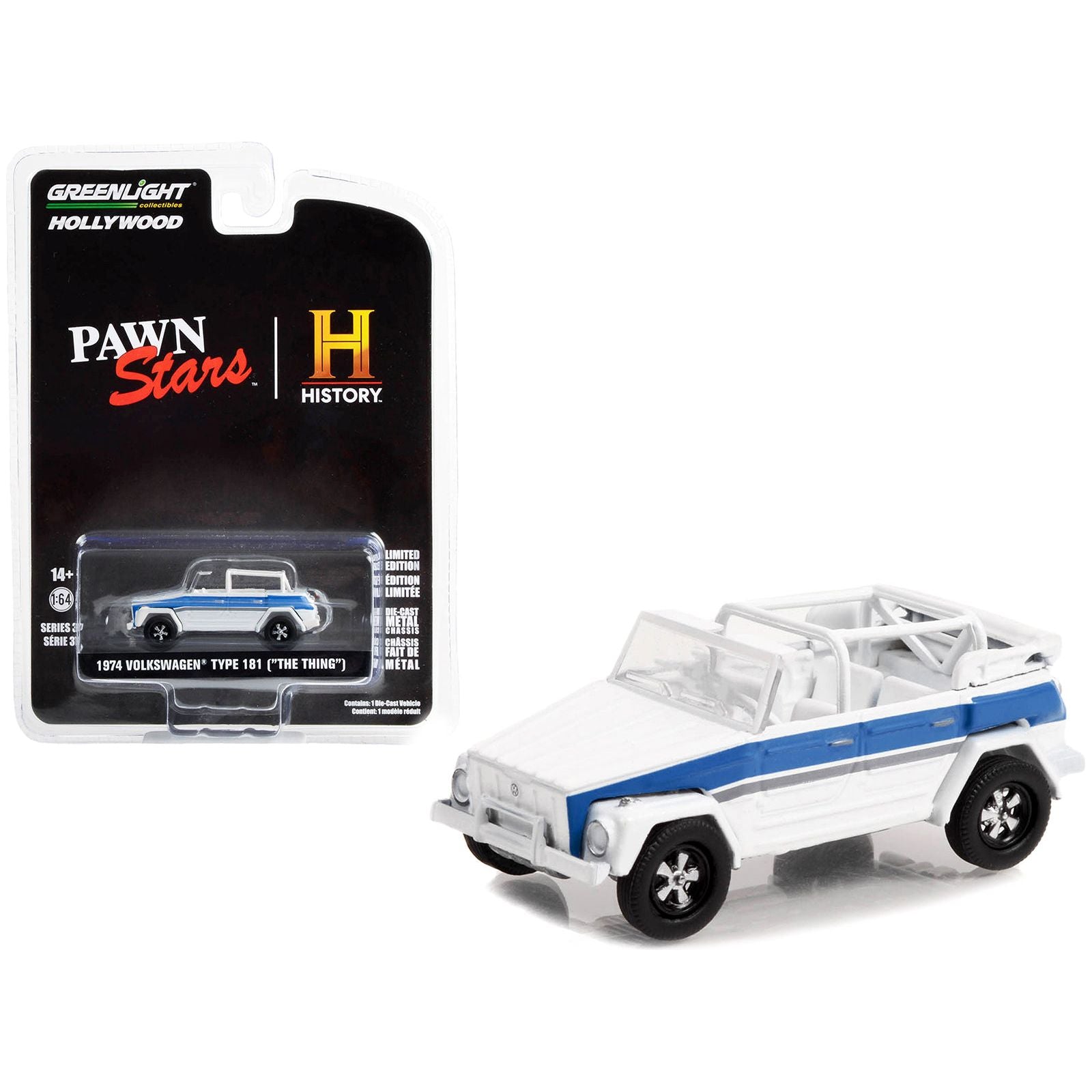 1974 Volkswagen Thing (Type 181) White with Blue Stripes "Pawn Stars" (2009 - Current) TV Series "Hollywood Series" Release 37 1/64 Diecast Model Car by Greenlight - Greenlight - ModelCars.com